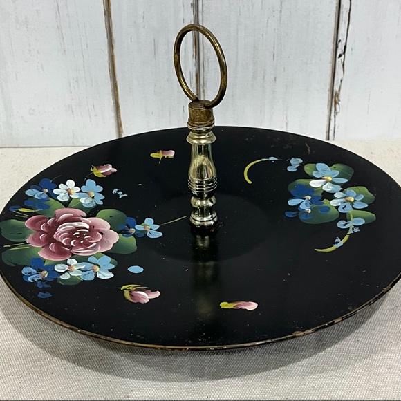 Vintage Center Handled Black Serving Tray w/ Tole Painted Design - Picture 3 of 16